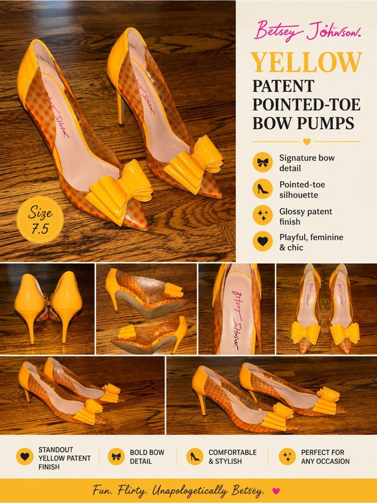 Betsey Johnson Shoes - Betsey Johnson Yellow Patent Pointed-Toe Bow Pumps Women’s Size 7.5